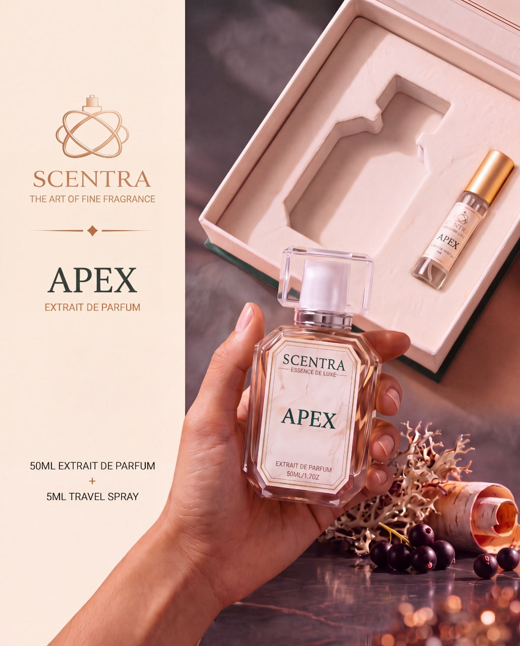 Scentra Apex gift box with 50ml bottle and 5ml travel spray