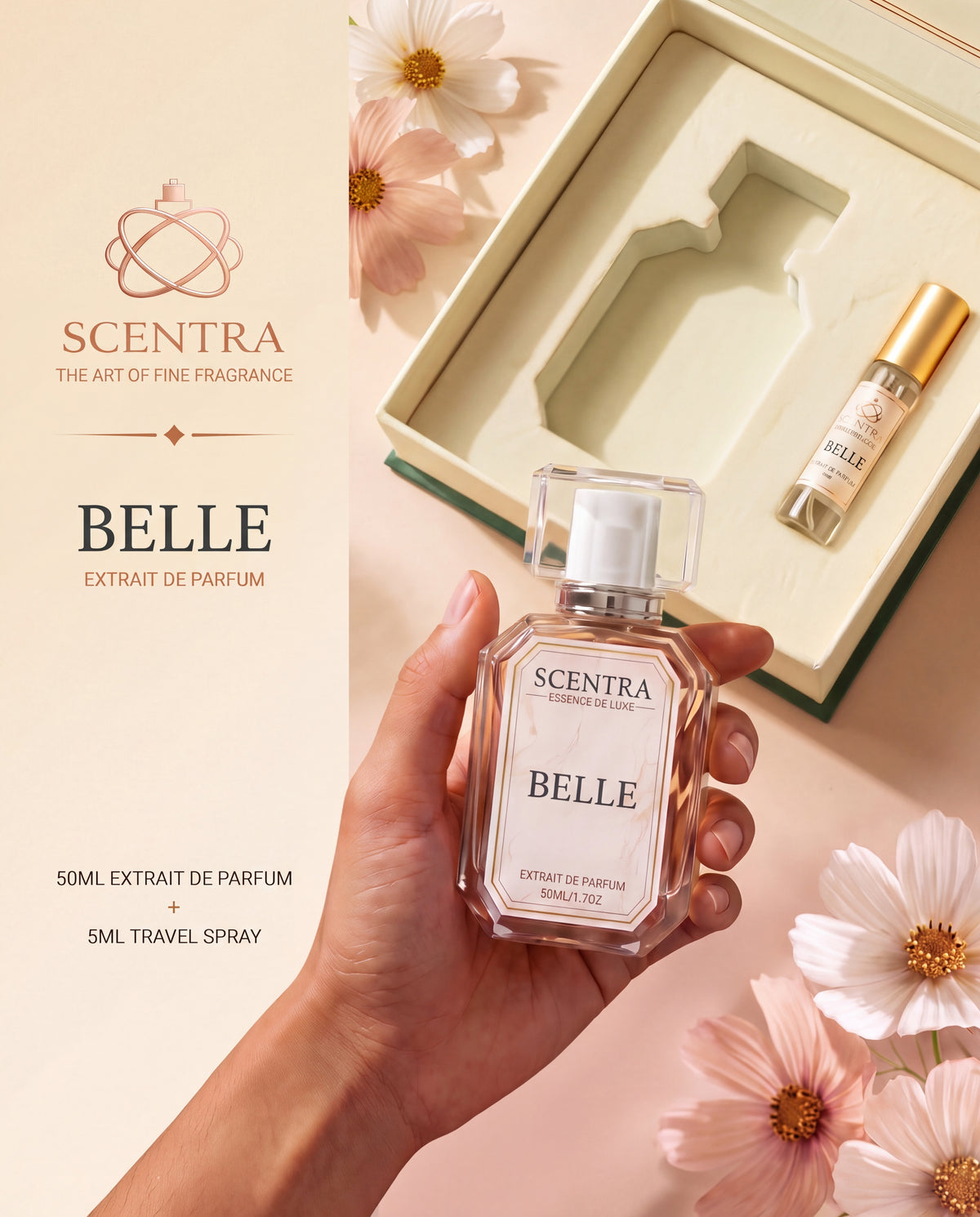 Scentra Belle gift box with 50ml bottle and 5ml travel spray