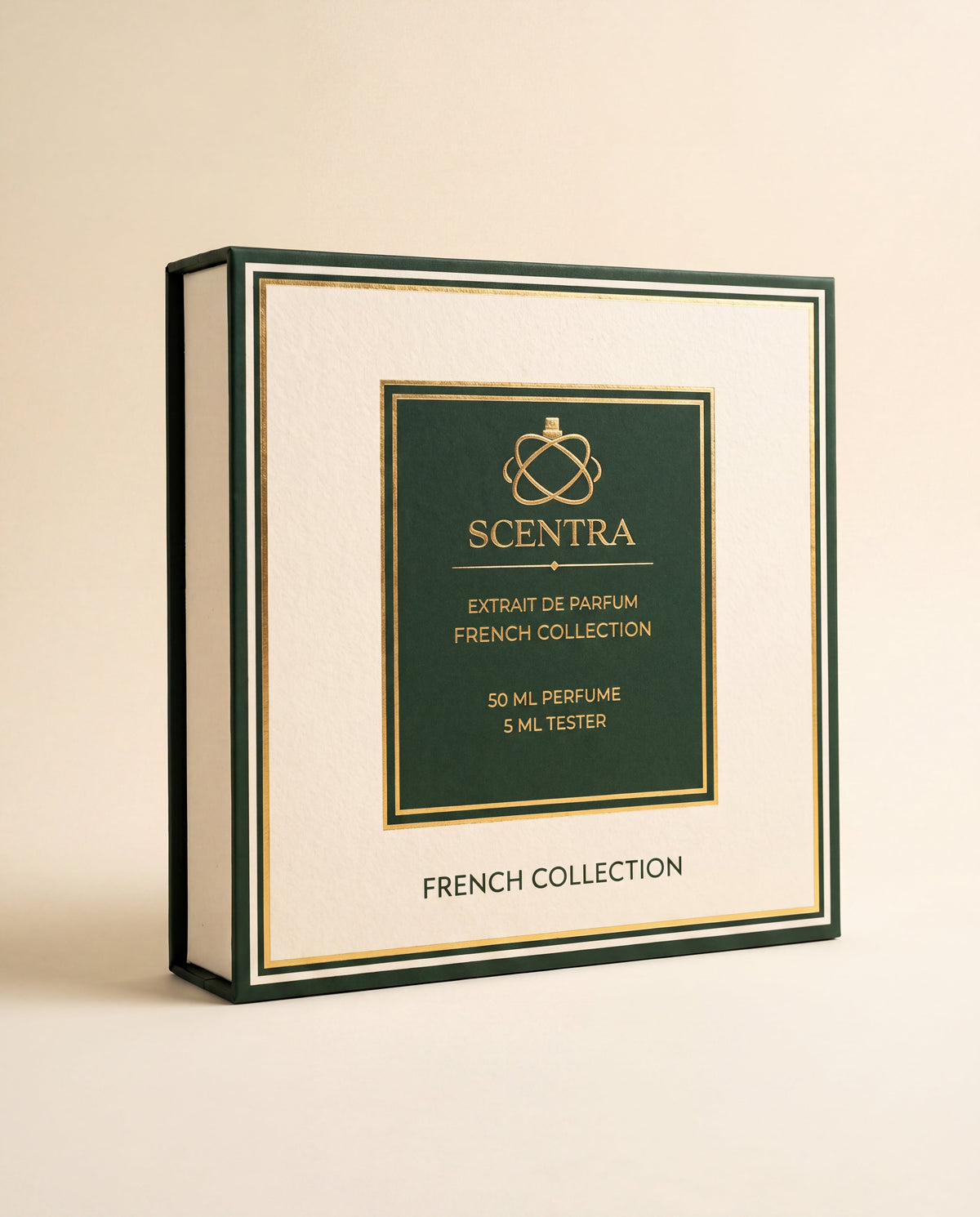 Scentra French Collection gift box, cream and dark green with gold foil