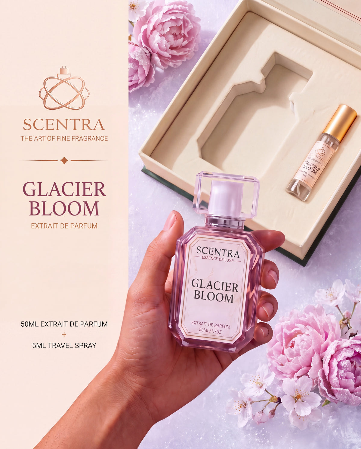 Scentra Glacier Bloom gift box with 50ml bottle and 5ml travel spray