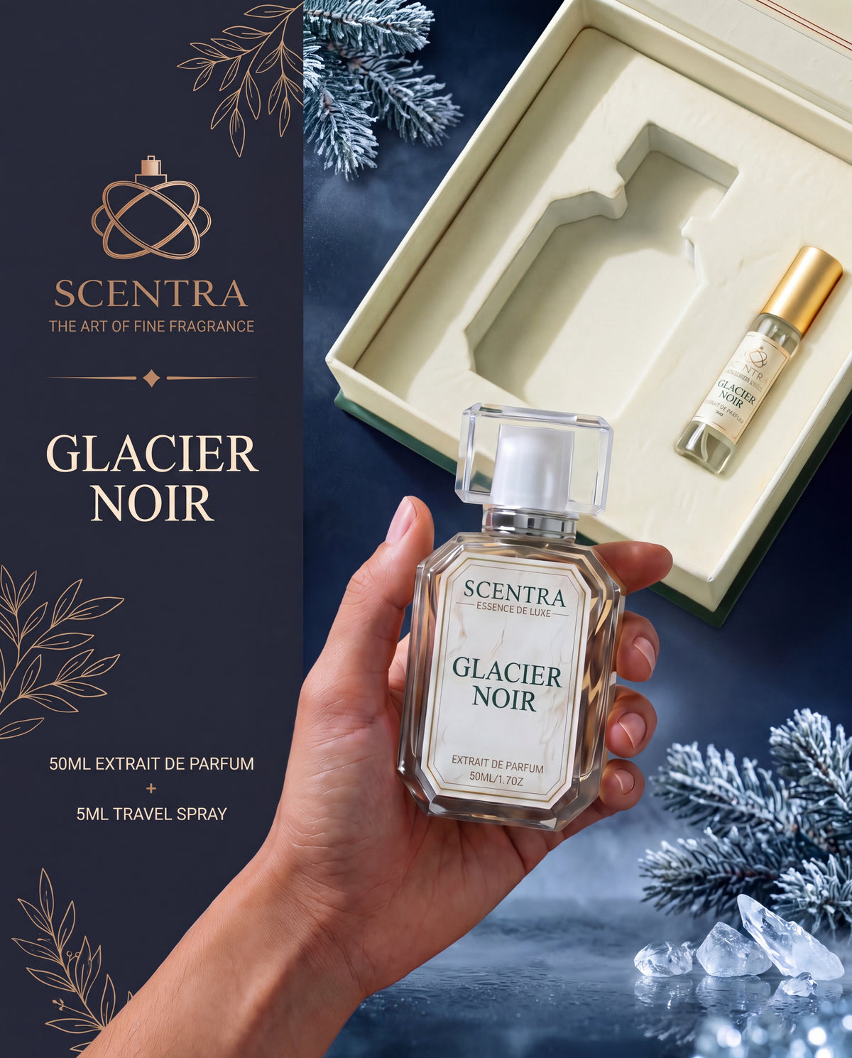 Scentra Glacier Noir gift box with 50ml bottle and 5ml travel spray