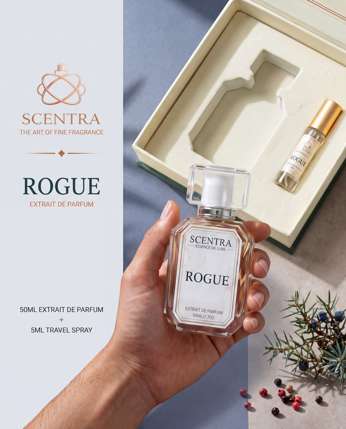 Scentra Rogue gift box with 50ml bottle and 5ml travel spray